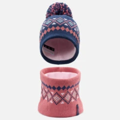 WEDZE Gorro Y Braga De Cuello De Bebé Esquí / Trineo De Lunares Azul Marino Y Rosa